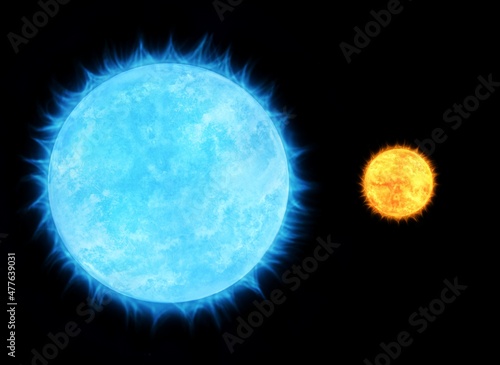 Sun and a large blue star. Comparisons of sizes and temperatures of different types of stars 3d illustration. 