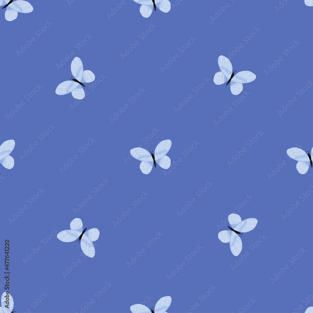 Foto auf Acrylglas mit L12122021-03Schmetterlingsmuster nahtlos im Freihandstil. Niedliches Insekt, das auf einer Wiese auf buntem Hintergrund fliegt. Vektorillustration für Textil. #477641220