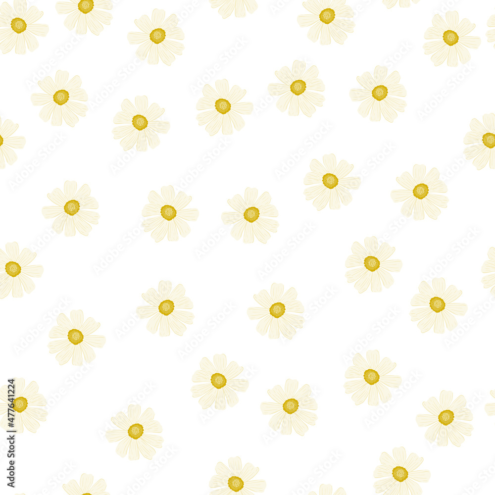 Chamomile pattern seamless in freehand style. Spring flowers on colorful background. Vector illustration for textile. Chamomile pattern seamless in freehand style. Spring flowers on colorful background. Vector illustration for textile.
