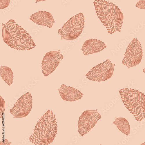 Organic palm leaf seamless pattern with hand drawn foliage print. Simple color background. Vector illustration for seasonal textile.