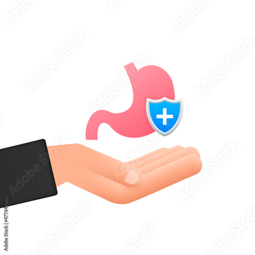 Stomach protection, Healthy protected intestine. Hand holding stomach icon. Digestive system protection. Vector stock illustration.