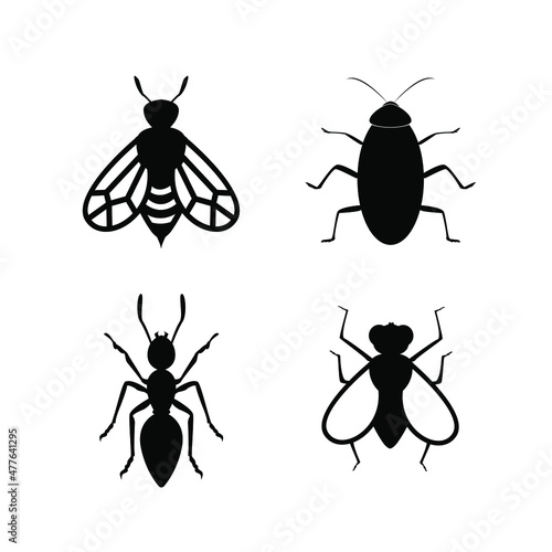 Vector set of insects icon isolated on white background. ant, fly, cockroach, bee, wasp silhouette. design element