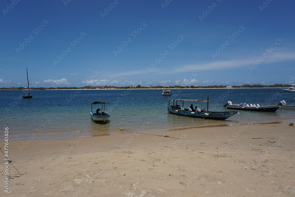 Motor boats at anchor in Shela at the beach, Lamu Island