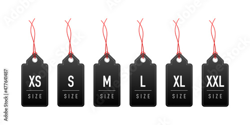 Size clothes tag set in flat style on red background. Vector flat illustration. Set collection.