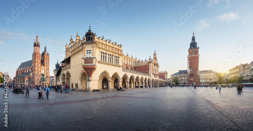 Panoramic view of Main Market Square with St. Mary's Basilica, Cloth Hall and Town Hall Tower - Krakow, Poland
