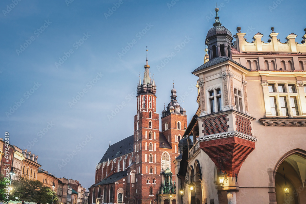 St. Mary's Basilica and Cloth Hall at Main Market Square - Krakow, Poland