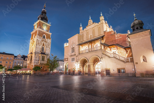 Town Hall Tower and Cloth Hall at Main Market Square at night - Krakow, Poland