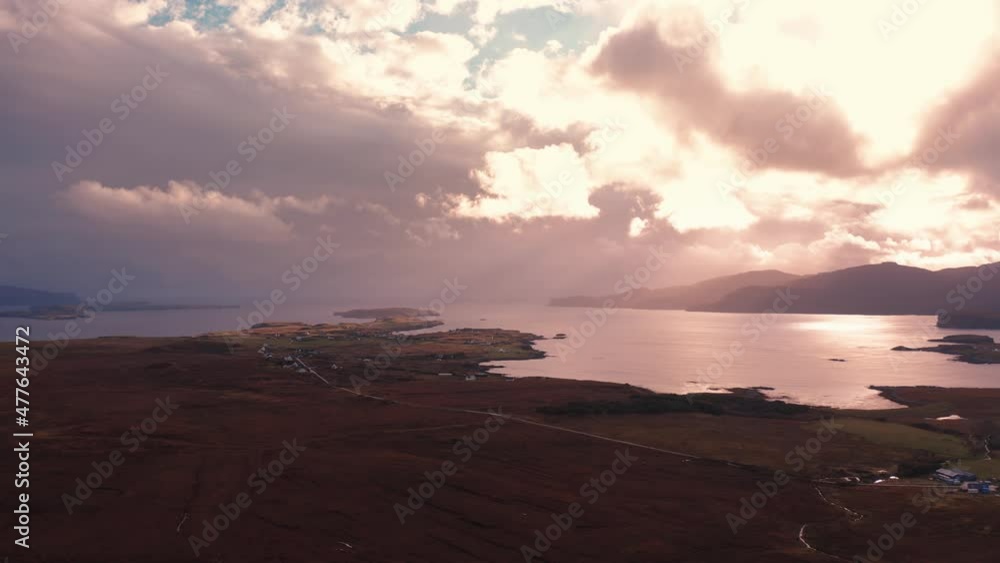 Beautiful aerial views of Isle of Skye coast during sunset after rain Beautiful aerial views of Isle of Skye coast during sunset after rain
