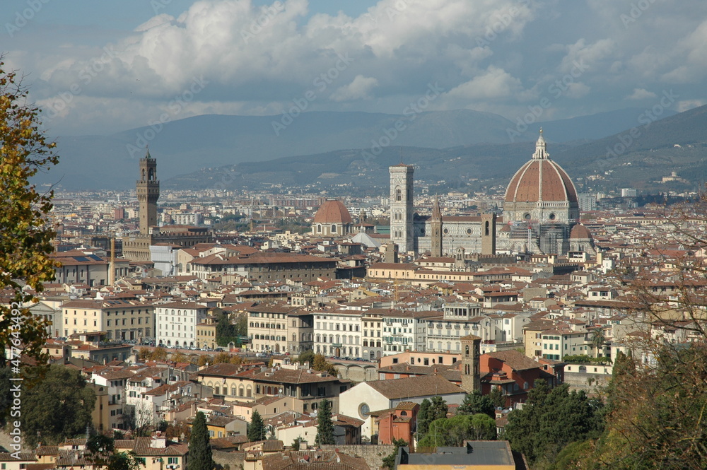 veduta dalla collina di Firenze con in prima vista le opere storiche più alte del centro storico