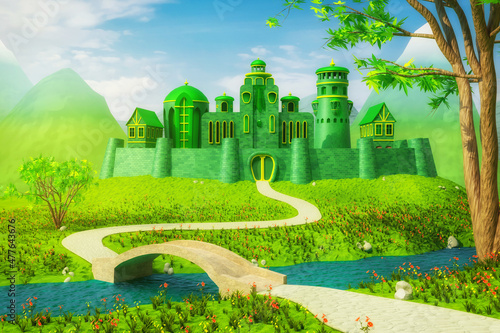 Fotótapéta Emerald Town with bridge across the river - 3d rendering