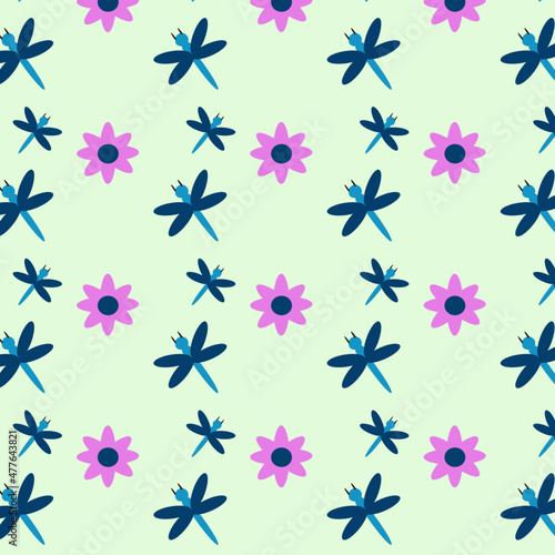 Pattern with a dragonfly and a flower on a green background.