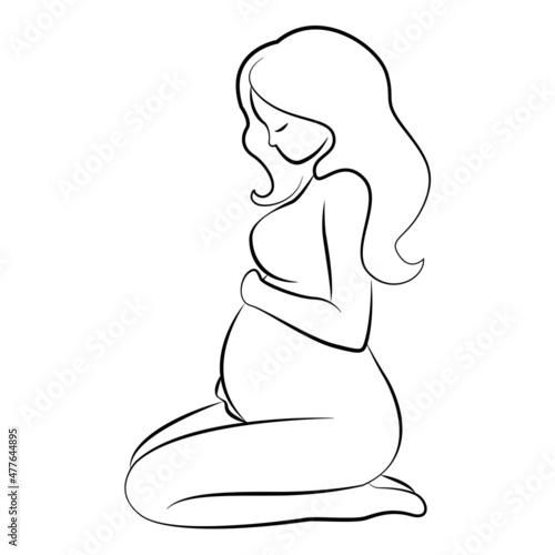 Pregnancy. A young pregnant girl hugs her belly. Line drawing 