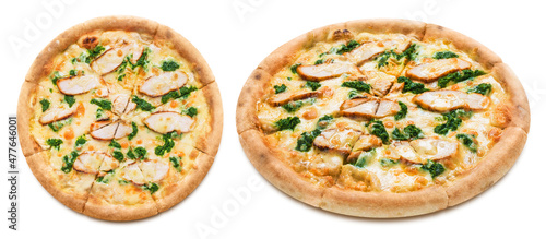 Delicious pizza with chicken fillet, mozarella, garlic sauce and spinach, isolated on white background