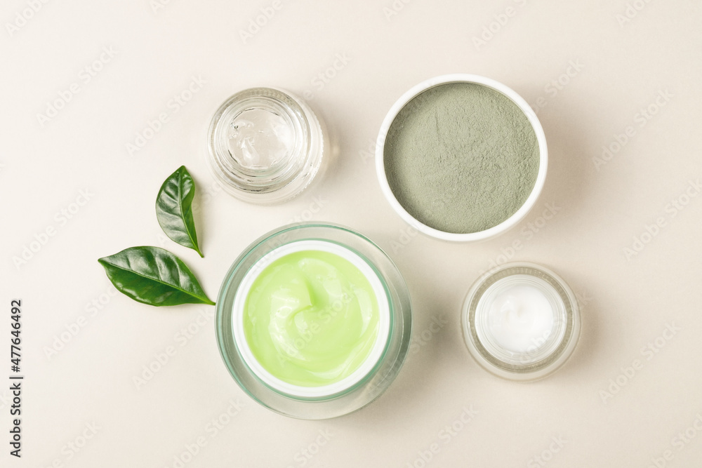 Natural cosmetics for healthy skin and face. Flat style. Face mask, aloe gel, cosmetic clay. Natural cosmetics for healthy skin and face. Flat style. Face mask, aloe gel, cosmetic clay.