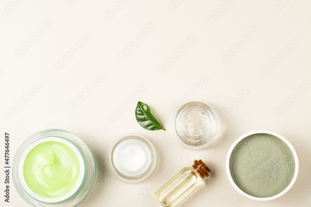 Natural cosmetics for healthy skin and face. Flat style. Face mask, aloe gel, cosmetic clay, essential oil. Natural cosmetics for healthy skin and face. Flat style. Face mask, aloe gel, cosmetic clay, essential oil.