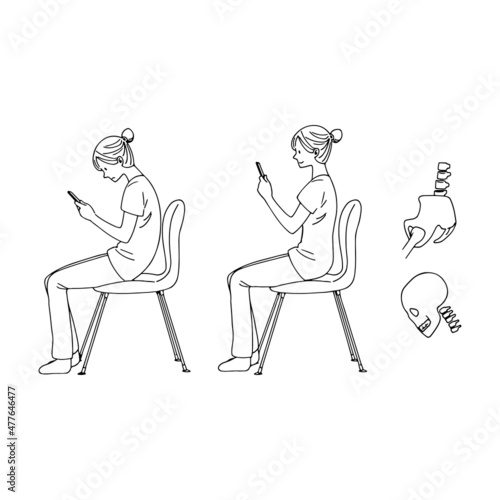 Illustration of a woman sitting on a chair and looking at a smartphone. Bad / good posture.