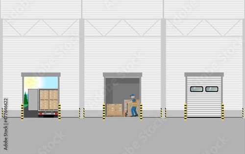 Warehouse or industrial building. Inside view, interior. Open and closed gates. Work of the warehouse for unloading vehicles. Vector illustration.