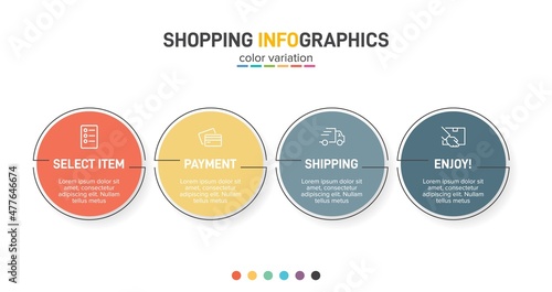 Concept of shopping process with 4 successive steps. Four colorful graphic elements. Timeline design for brochure, presentation, web site. Infographic design layout.