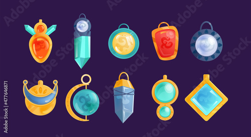 Different magical crystal amulets vector illustrations set. UI or GUI elements with orb amulets for witches or wizards isolated on white background. Magic, witchcraft, fantasy concept for game design