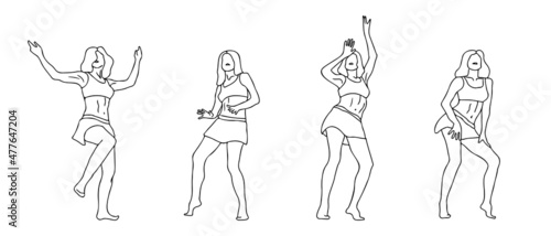 Black outline dancing ladies set. Girls in short skirt dancig in different poses. The figures of women ink hand drawn style vector illustrations.