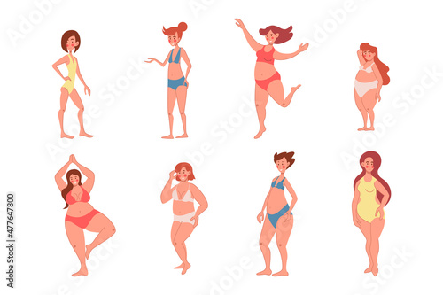Happy women with different body shapes vector illustrations set. Beautiful thin, plus size female characters in swimsuits or underwear isolated on white background. Body positivity, feminism concept