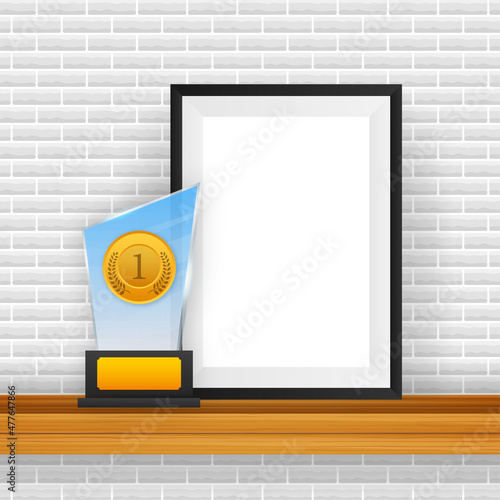 Glass award number one concept background. Golden trophy clipart. Winner certificate.