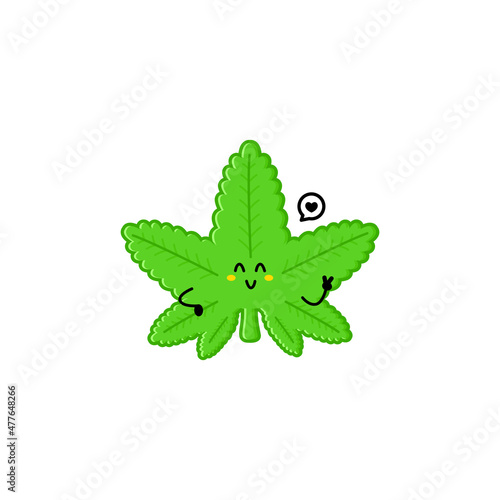 Cute funny marijuana leaf character. Vector hand drawn cartoon mascot character illustration icon. Isolated on white background