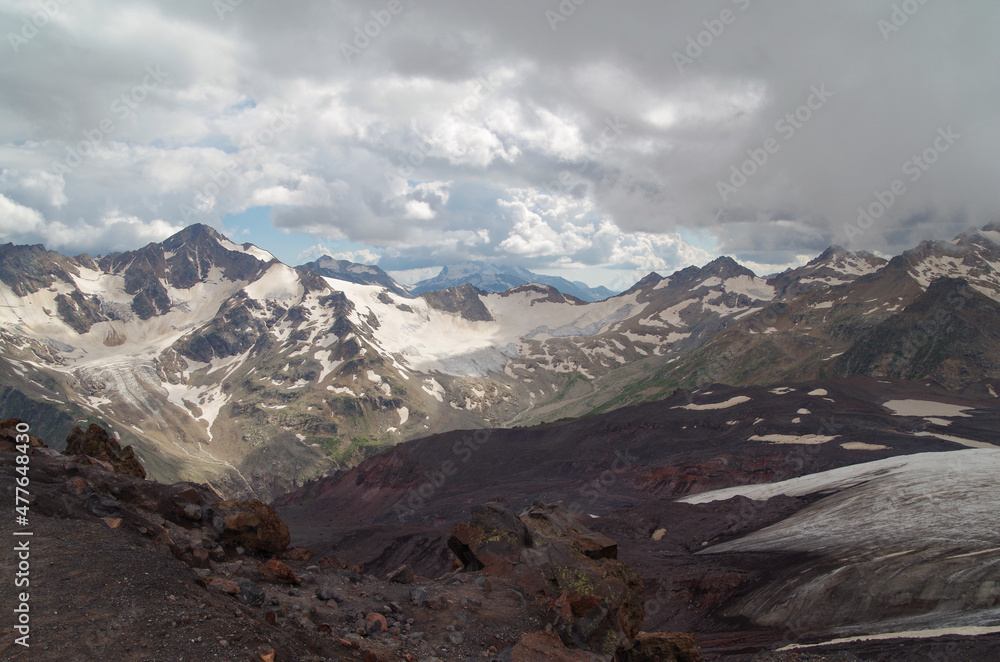 Beautiful view from Mount Elbrus. Garabachi station. Altitude is 3847 meters. Russia, Caucasus, Kabardino-Balkaria