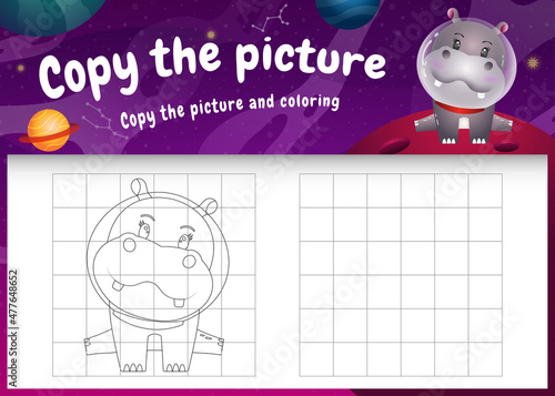copy the picture kids game and coloring page with a cute hippo in the space galaxy