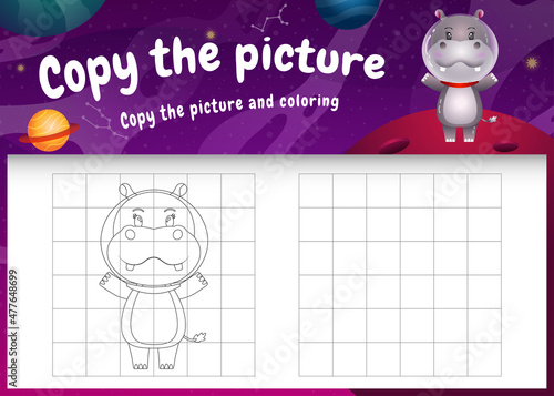 copy the picture kids game and coloring page with a cute hippo in the space galaxy