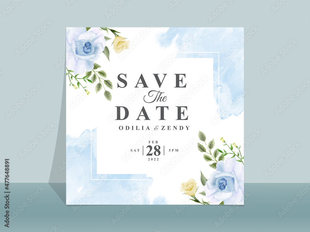 Wedding invitation card with beautiful blue and yellow flowers Wedding invitation card with beautiful blue and yellow flowers