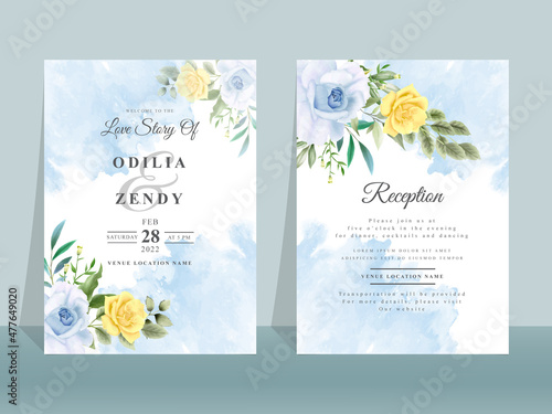 Wedding invitation card with beautiful blue and yellow flowers
