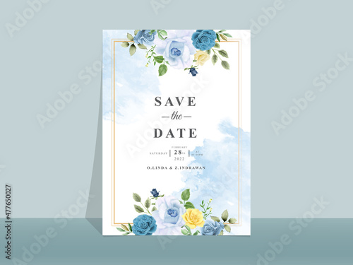 Wedding invitation card with beautiful blue and yellow flowers