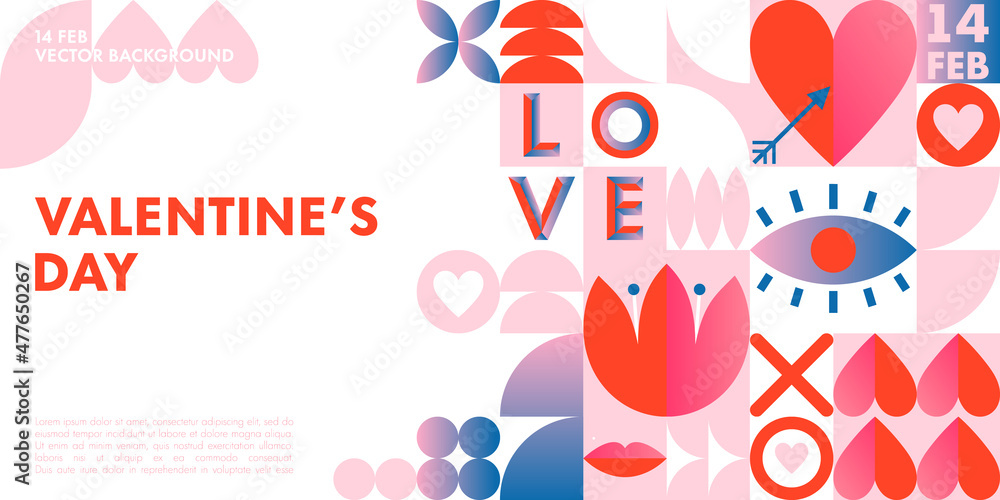 Happy Valentines Day greeting banner template.Romantic vector layout in bauhaus style with geometric elements and symbols.Modern trendy design for banners,invitations,prints,promo offers.