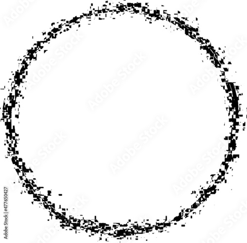 Circle shape with retro glitch effect, pattern. Round design element, pixel noise texture, distortion. Use for overlay, brushes, shading, comic books or montage. Isolated, transparent background.