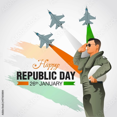 Happy Republic Day India concept with vector illustration of fighter jets and Indian flag colors, with white background.
