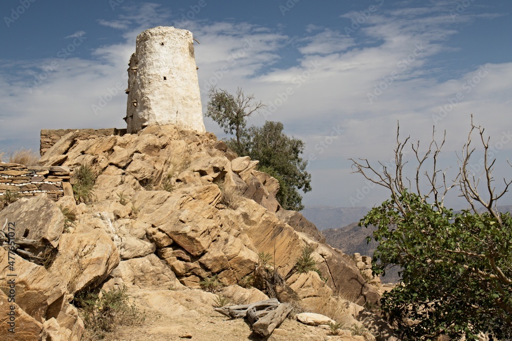 View of the Defense Tower near Al Reeth village in the Sarawat Mountains. Saudi Arabia.
