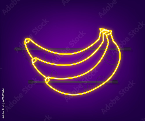 Vector banana neon outline. Bunches of fresh banana fruits isolated on white background, collection. Vector illustration.