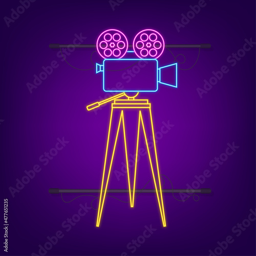 Movie time concept layout with film projector and text area with sample title in retro western font. Neon icon. Vector illustration.