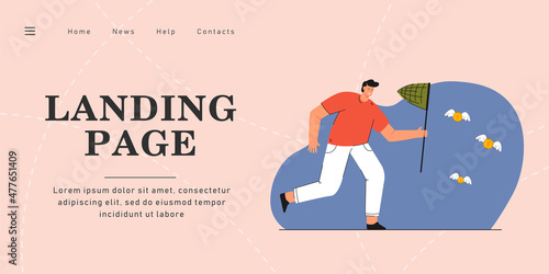 Man catching winged coins with butterfly net. Flat vector illustration. Male cartoon character achieving financial goal, attracting investments, saving money. Business, success, money concept
