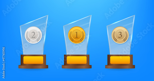 Glass award concept background. Golden trophy clipart. Vector template. Template for banner design. Winner certificate.