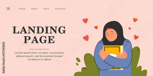 Happy nun hugging Bible. Flat vector illustration. Woman with head covered in scarf being in good mood and holding book tight. Faith, religion, Bible, love, harmony, reading concept for banner design