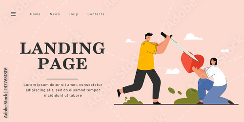 Young man broking heart that girl holding. Flat vector illustration. Cartoon guy striking woman heart with sword and hurting her..Betrayal, breakup, relationship, love concept for banner design