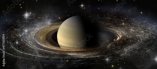 Saturn planet with rings in outer space among star dust and srars. Elements of this image furnished by NASA.