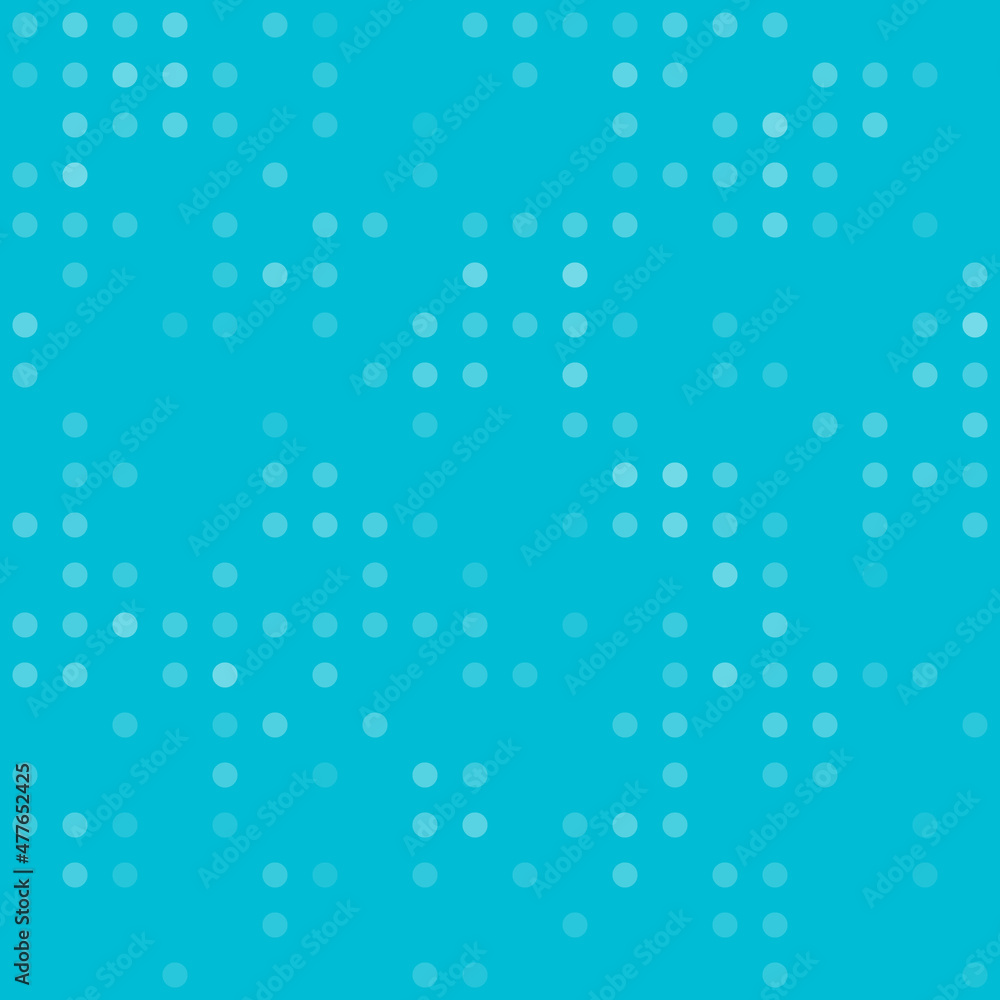 Abstract seamless geometric pattern. Mosaic background of white circles. Evenly spaced  shapes of different color. Vector illustration on cyan background