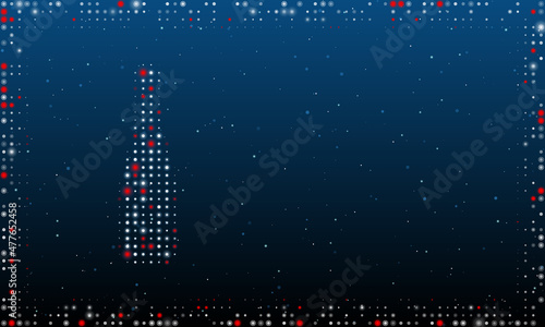 On the left is the champagne symbol filled with white dots. Pointillism style. Abstract futuristic frame of dots and circles. Some dots is red. Vector illustration on blue background with stars