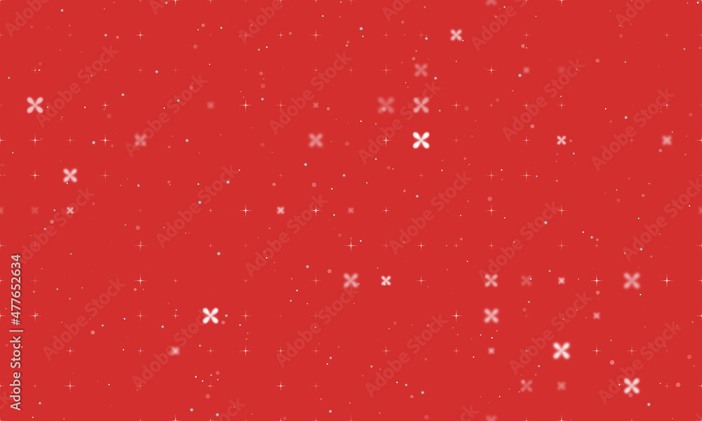Seamless background pattern of evenly spaced white abstract star symbols of different sizes and opacity. Vector illustration on red background with stars