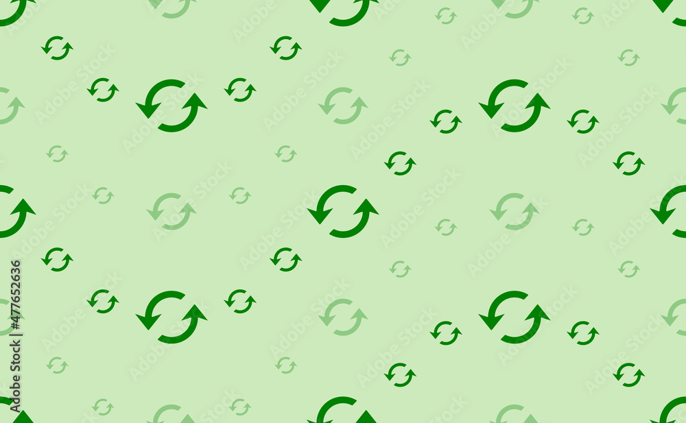 Seamless pattern of large and small green refresh symbols. The elements are arranged in a wavy. Vector illustration on light green background