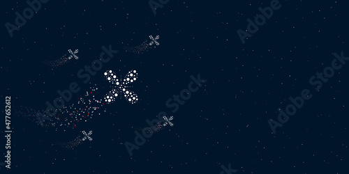 A abstract star symbol filled with dots flies through the stars leaving a trail behind. There are four small symbols around. Vector illustration on dark blue background with stars