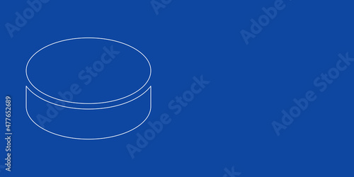 A large white outline hockey puck on the left. Designed as thin white lines. Vector illustration on blue background